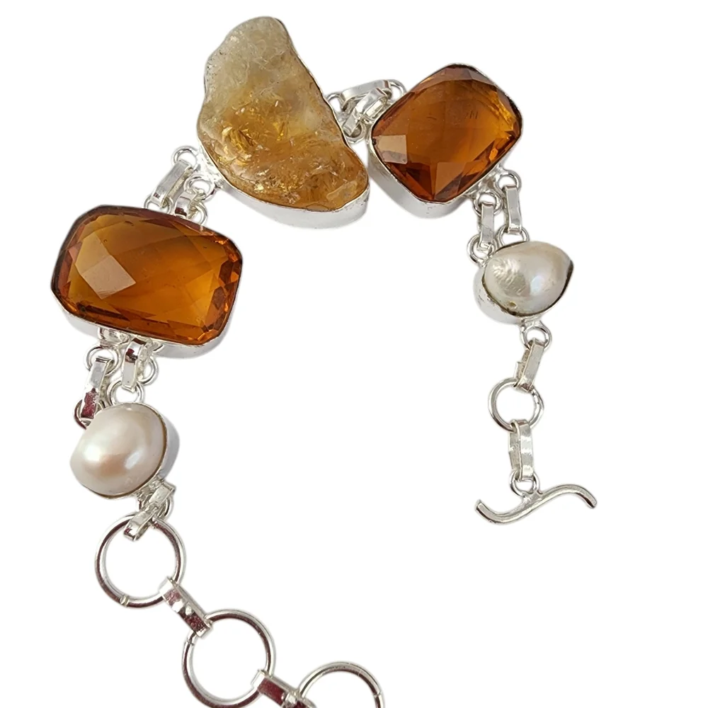 Rough citrine gemstone baroque pearl bracelet amber glass chunky bracelet J04